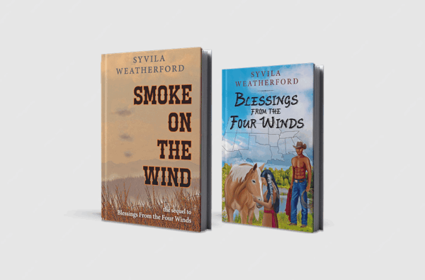 Two book covers by Syvila Weatherford: "Smoke on the Wind" (sequel to "Blessings From the Four Winds") features landscapes, while the latter depicts a cowboy and Native American woman.